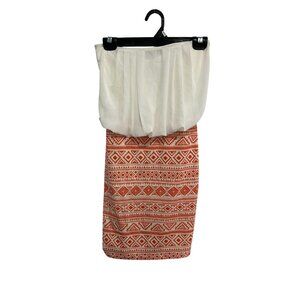 Aggie White Orange Aztec Print Strapless Dress Size Small Boho Summer Casual